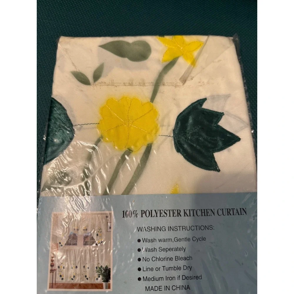 100 Percent Polyester Kitchen 3 pc Curtain Set Floral Yellow Blue Art 40004 New